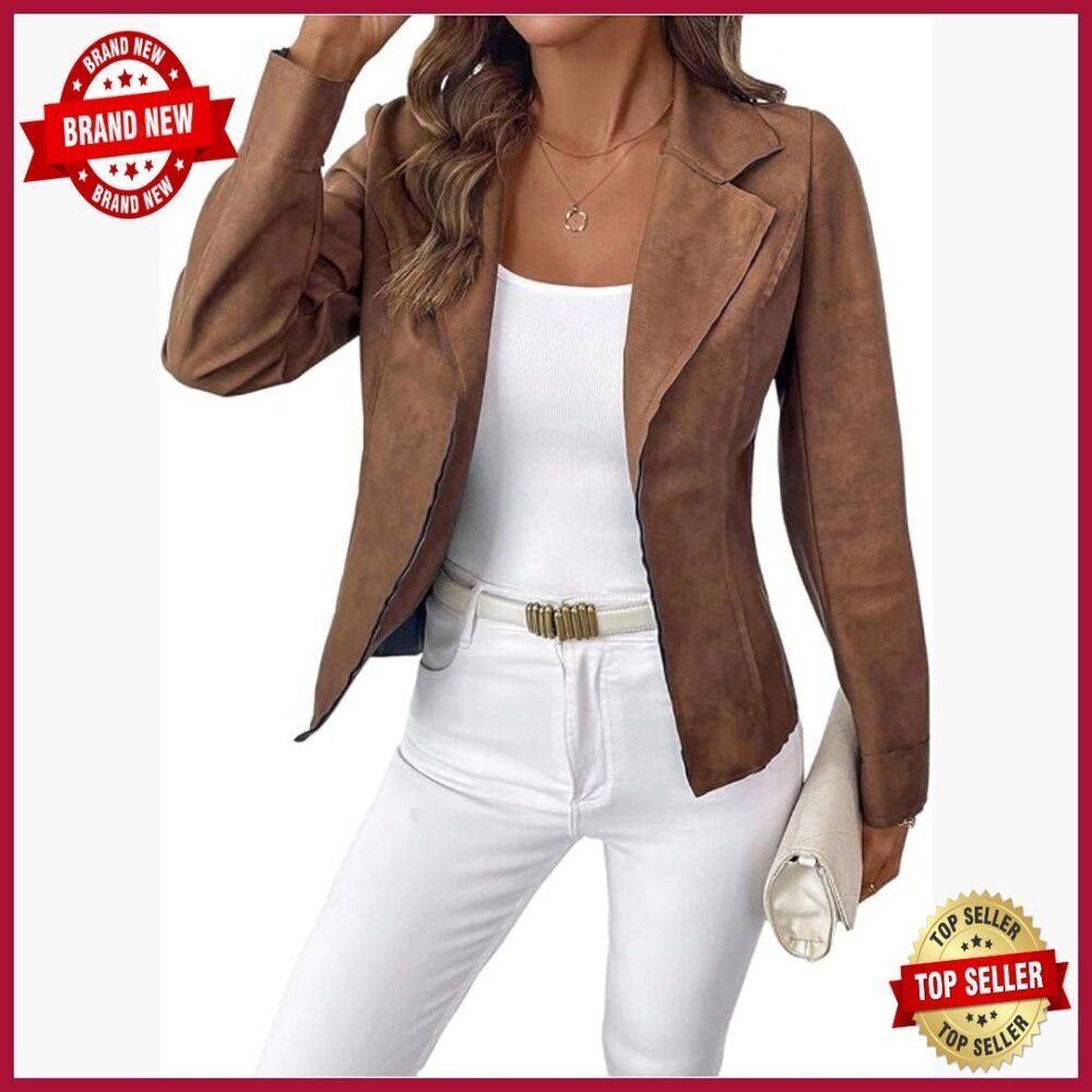 Faux Suede Blazer Jacket Open Front Notched Lapel Office Evening Wear